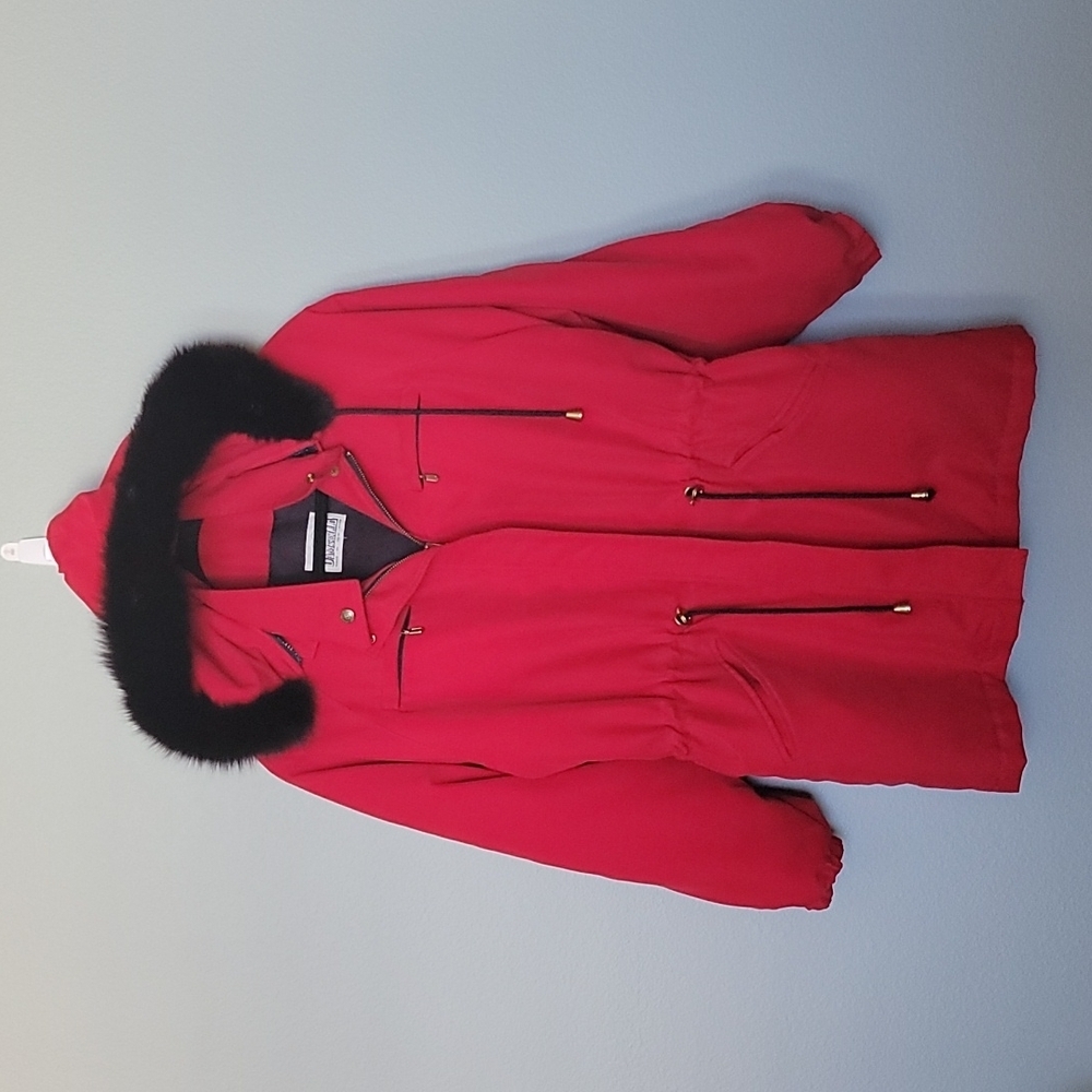 Damselle Vintage Retro Red Parka Jacket Removable Faux Fur Trim Hood Coat XL